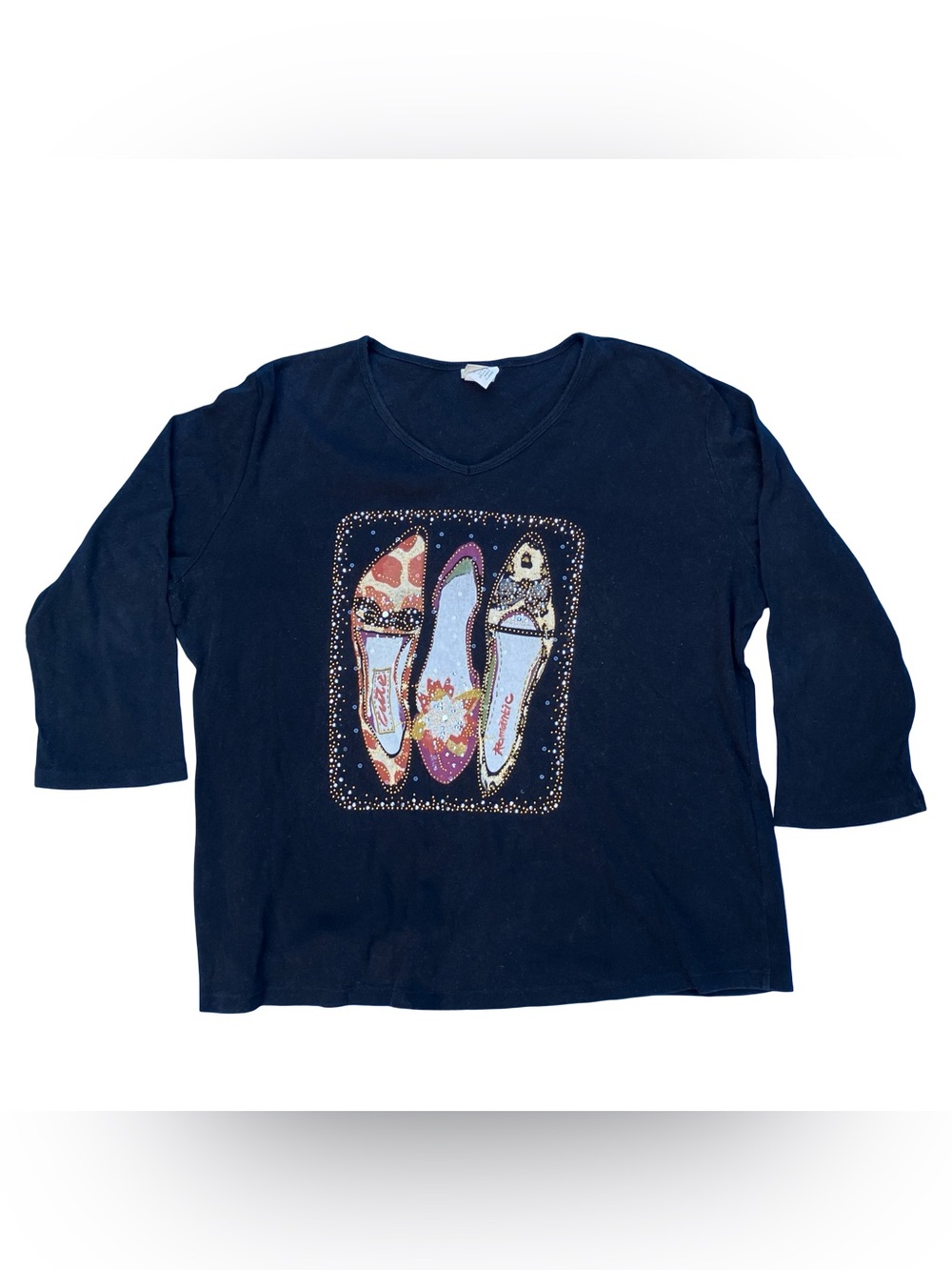 Jess & Jane Shirt Womens XL Black Shoes Graphic Rhinestone V Neck 3/4 Sleeve Top